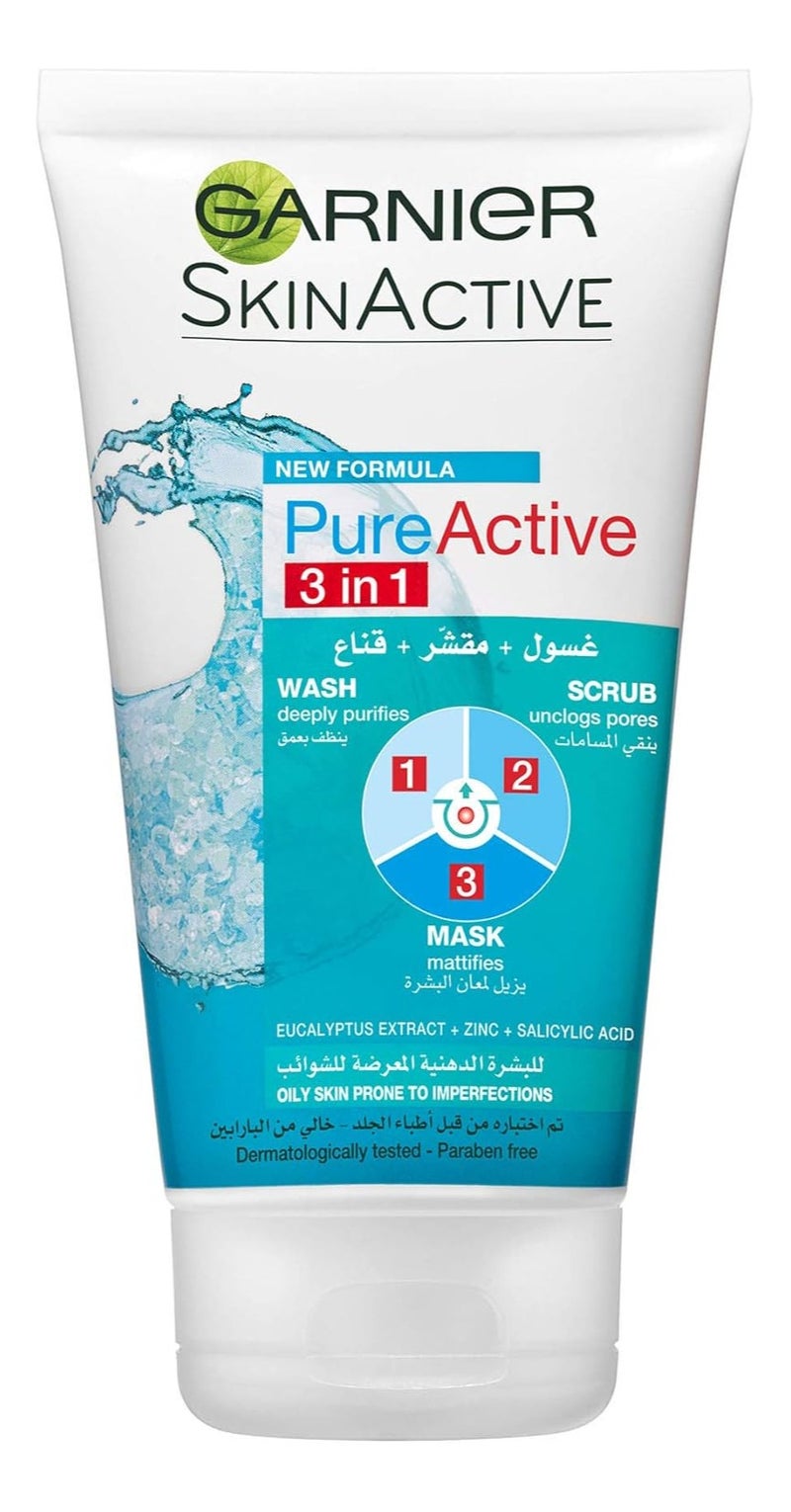 Garnier Skin Active Pure Active 3 in 1 Face Wash, Scrub and Mask 150ml